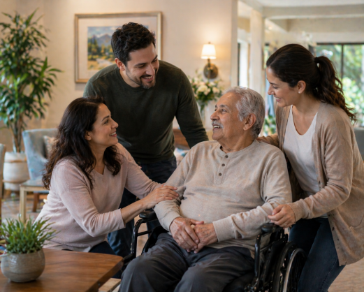 family visiting loved one convalescent care facility Pasadena