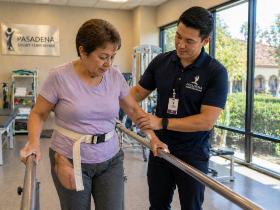 physical therapist assisting resident with hip replacement recovery short-term rehab Pasadena