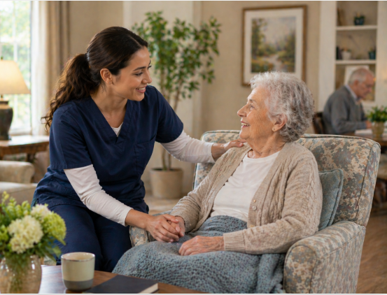 nurse assisting elderly resident convalescent home Pasadena