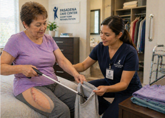 occupational therapist helping resident with daily activities post-hip surgery Pasadena