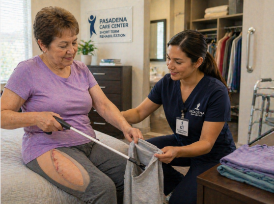 occupational therapist helping resident with daily activities post-hip surgery Pasadena