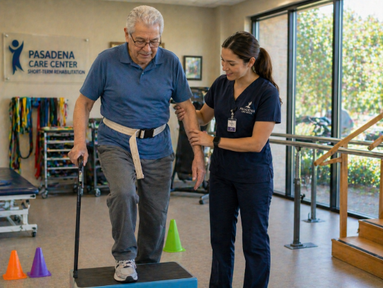 senior resident doing gait training short-term rehabilitation Pasadena care center